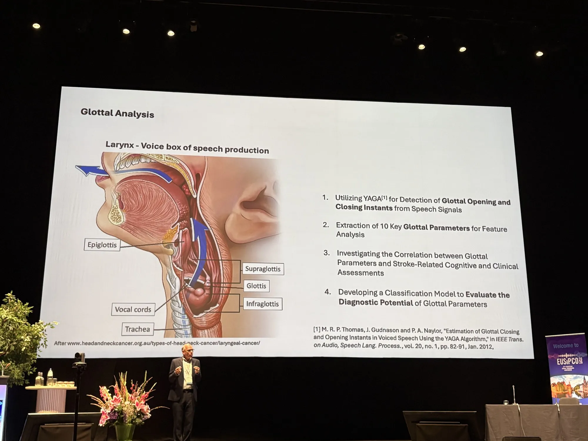Patrick Naylor speaking on stage beneath a large projected slide headed 'Glottal Analysis'. The left half of the slide is an anatomical cross-section of the larynx, with the epiglottis, supraglottis, glottis, infraglottis, vocal cords and trachea labelled, and blue arrows tracing airflow up the vocal tract and out through the mouth. The right half lists four steps: using the YAGA algorithm to detect glottal opening and closing instants, extracting ten glottal parameters, correlating them with stroke-related cognitive and clinical assessments, and developing a classification model to evaluate their diagnostic potential.